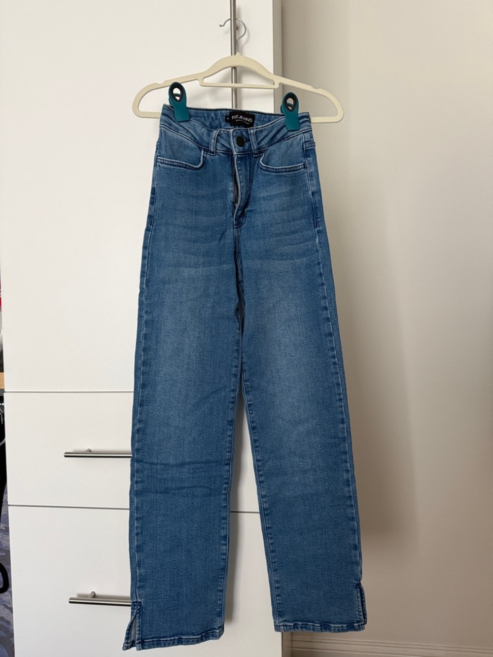 Straight Leg Blue Denim Jeans with Side Slits